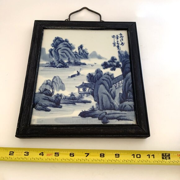 2 Chinese Export Canton Porcelain Wall Plaques Blue & White Wood Framed 9x10.25 - Picture 8 of 8